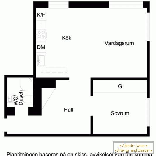 Planul unui mic apartament cu un dormitor