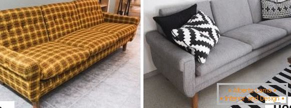 Scoaterea mobilierului tapițat - fotografie a canapelei vechi înainte și după