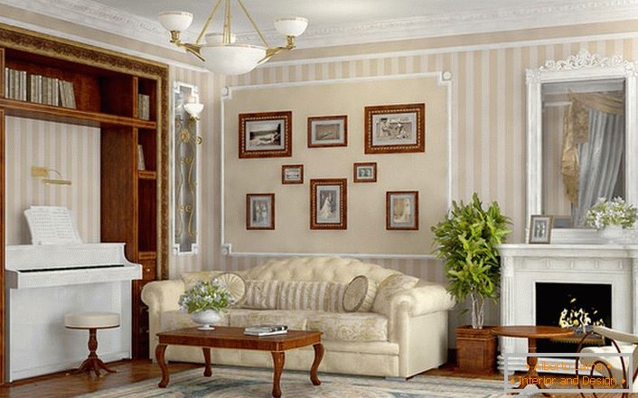 O cameră spațioasă și luminoasă, în stil Empire, cu mobilier alese în mod corespunzător.