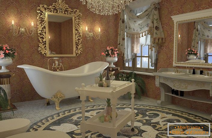 Proiect de design pentru o baie elegantă în stil Empire. Baie rafinată pe patru picioare aurite, o oglindă într-un cadru sculptat, un candelabru din cristal de rocă se potrivesc perfect.