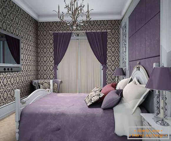 Dormitor în tonuri purpurie - fotografii cu tapet modelat