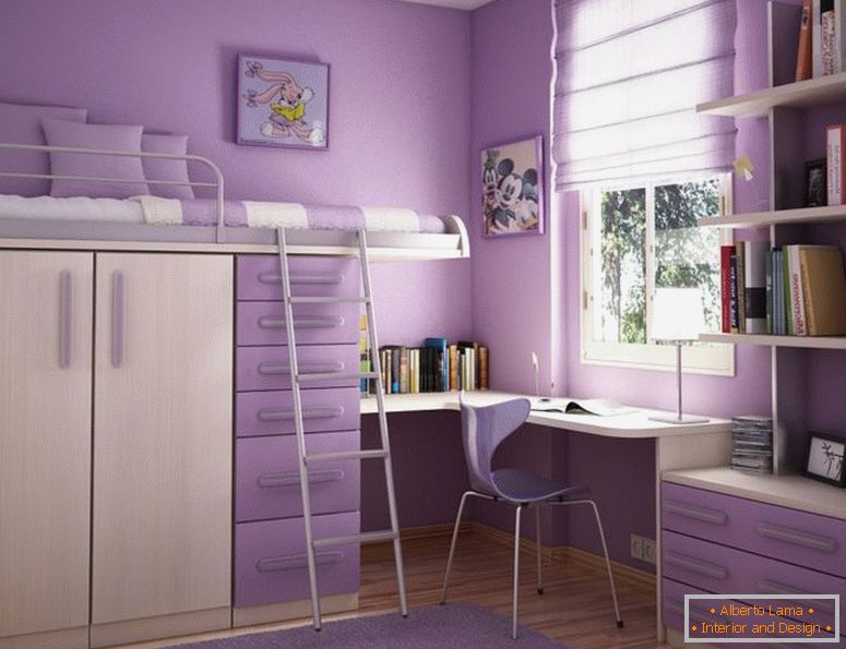 confortabil-dormitor-design-idee-pentru-adolescente-fete-cu-liliac-perete-crem-pat supraetajat-cu-liliac-sertare și alb-fereastră-cadru admirabilă-dormitor-proiectare-idei-pentru- adolescente-fete