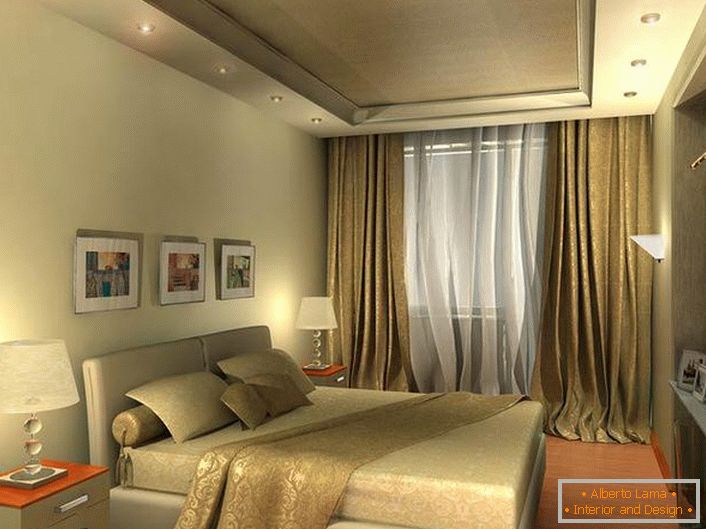 Dormitorul alb bej, în stil de înaltă tehnologie, arată spațios datorită iluminării bine alese.