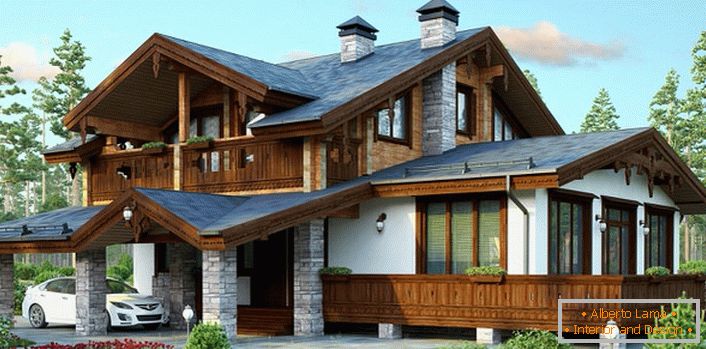 Proiectul unei case în stilul unei cabane este o varianta ideala a imobilului suburban.