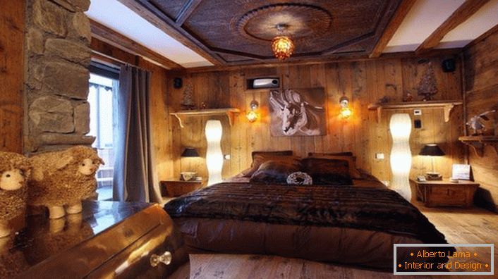 Dormitor de lux în stilul cabane vă permite să vă relaxați în