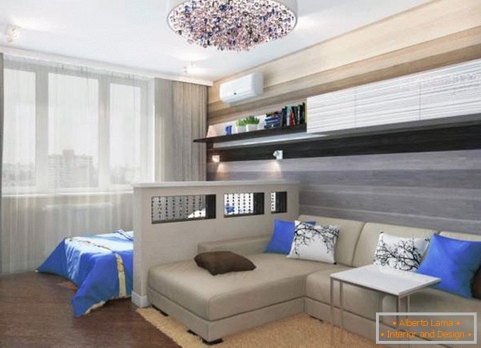 Proiectarea unui apartament cu două camere cu o cameră pentru copii - fotografie a unui dormitor combinat al camerei de zi