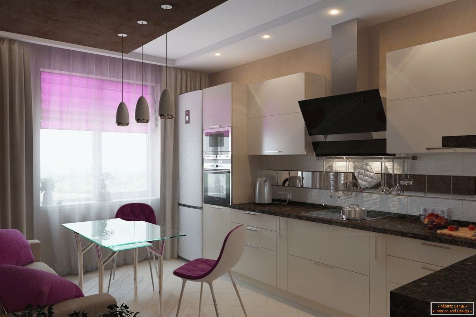 Bucătărie albă cu elemente de liliac de decor