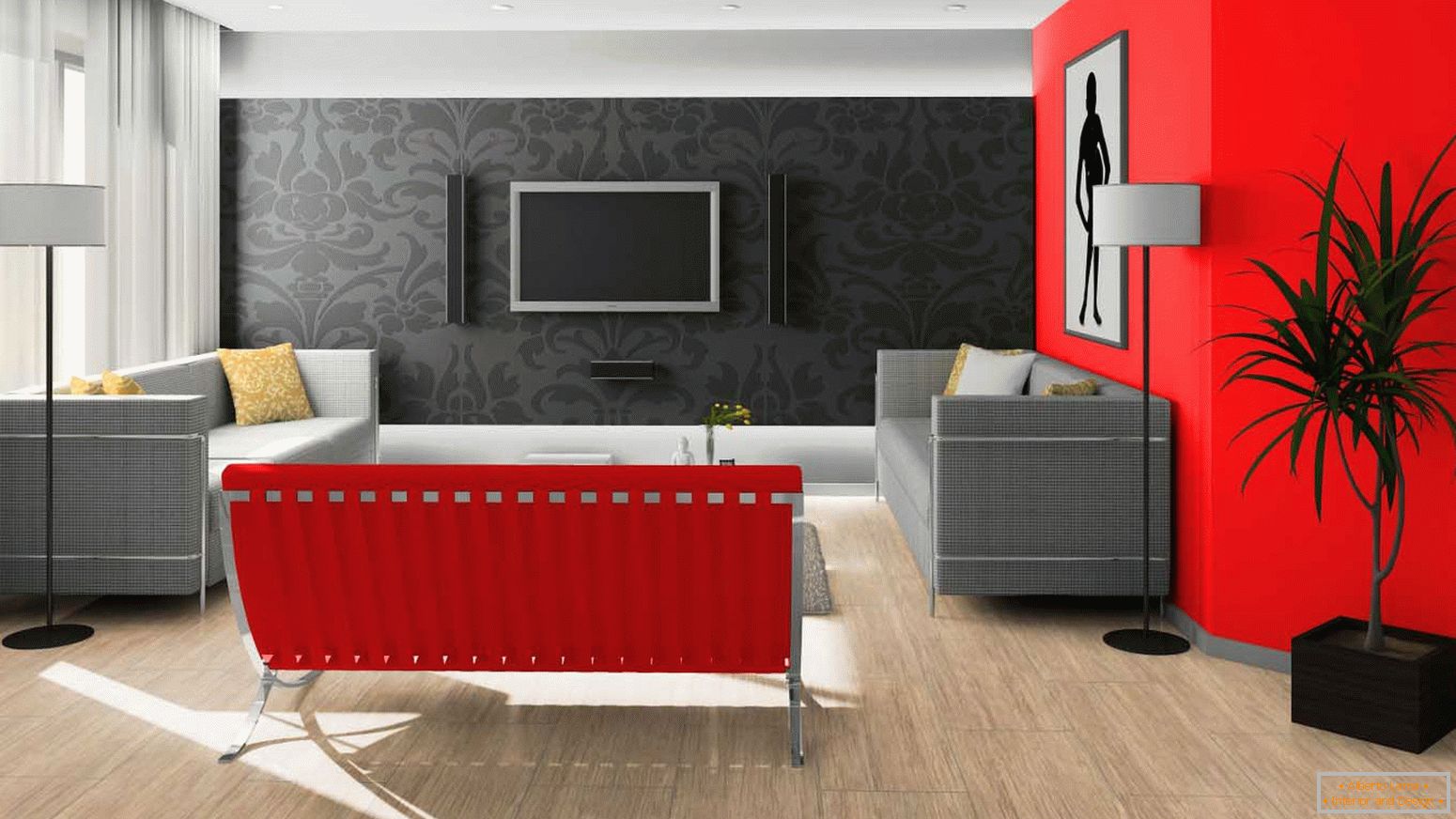 Negru și roșu în designul camerei de zi