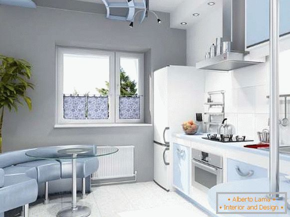 Interiorul unei bucătării mici într-o casă privată - un design în tonuri albe și albastre