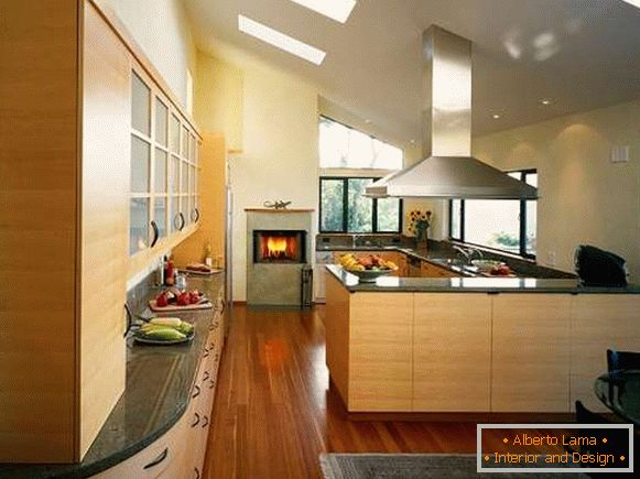 Modern interior de bucătărie cu șemineu într-o casă privată - Design photo 2017