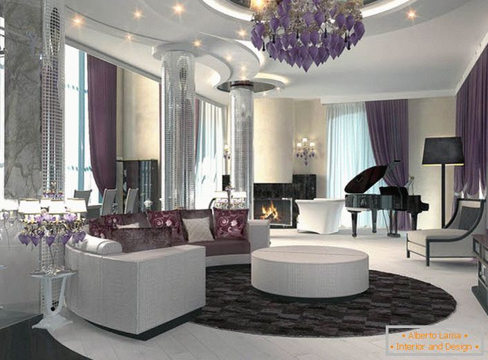 Tavanul cu mai multe straturi cu iluminare punctuală completează compoziția stilului Art Deco, în care este realizată sufrageria. 