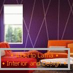 Combinația dintre pereții de lavandă și o canapea portocalie