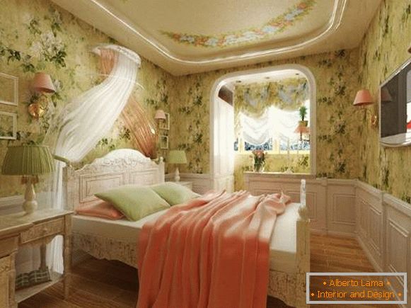 Combinația de culori în interiorul dormitorului Provence - perdele și tapet