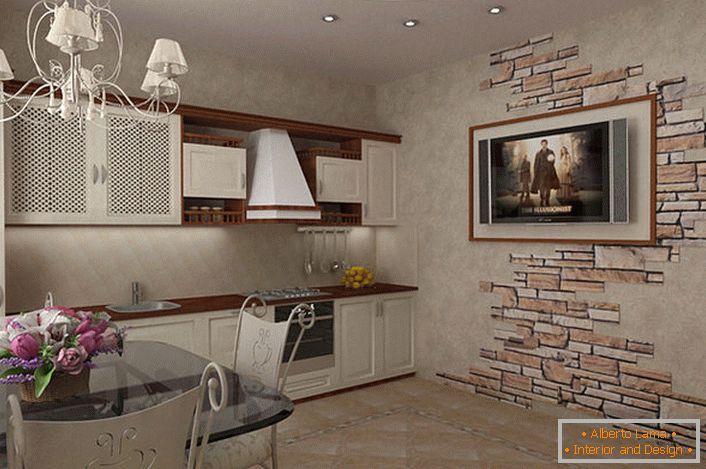 Proiect de design pentru proiectarea unei bucătării mici în stilul țării. Culorile de mobilier ușoare în contrast cu blatul maro închis și rafturile agățate fac bucătăria vizuală mai spațioasă. Interesant este și decorarea zidului cu ajutorul pietrei naturale.