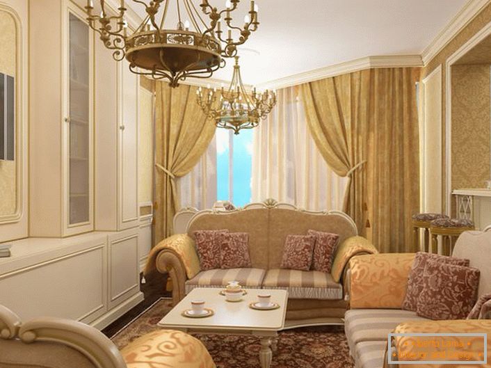 Stilul baroc modern: mobilier salon curbat, tapiserie cu cusut de aur, candelabre masive aurite.