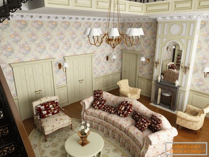 Cameră de zi în stil țară la primul etaj al unei case mari în suburbii. În conformitate cu stilul, mobilierul moale este selectat dintr-o țesătură cu model floral.