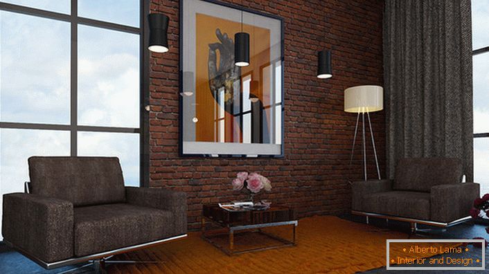 Proiect de design pentru camera de zi în stil loft. O opțiune excelentă pentru apartamentele urbane.