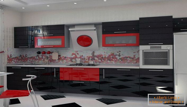 Combinația dintre culoarea roșie și contrastul negru este ideală pentru decorarea bucătăriei în stil Art Nouveau.
