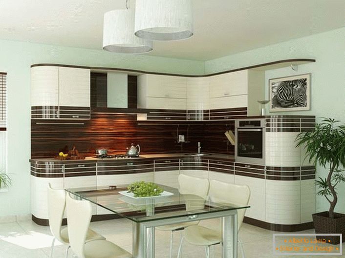 Setul de bucătărie pentru bucătărie în stil Art Nouveau este în formă de L, care este ideal pentru bucătării mici. Designul elegant al interiorului este combinat în mod avantajos cu funcționalitatea sa.