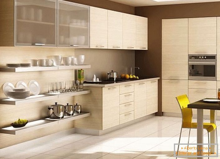 Art Nouveau clasic este folosit pentru amenajarea bucătăriei. Setul de bucătărie din lemn natural de lumină se potrivește perfect în conceptul general de design.