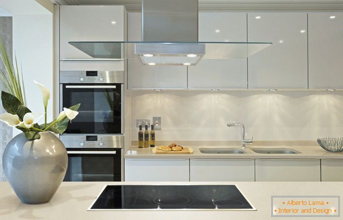 Suprafețele lucioase pot fi folosite pentru a decora bucătăria în stil Art Nouveau. Proiectul de design este o combinație îndrăzneață de culoare gri și albă, care nu este specifică stilului modern.
