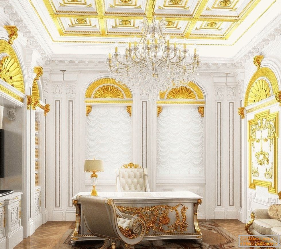Cabinet cu decor interior alb și auriu