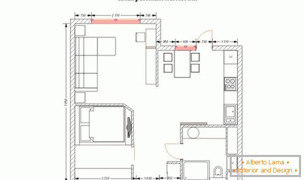 Plan de amenajare a mobilierului în apartament studio