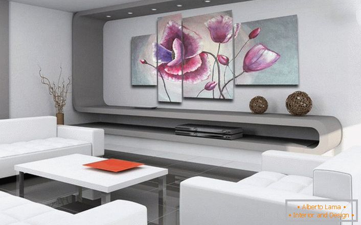 Un bun exemplu de design interior în stil high-tech, cu ajutorul picturilor modulare. 