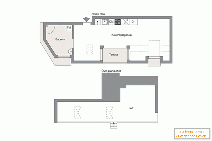 Apartament cu o cameră în două etaje, cu o loggie