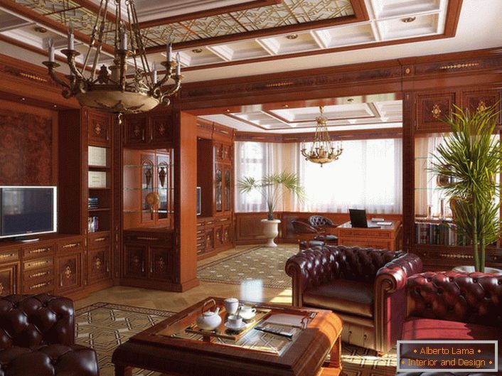 Camera de zi în stil englezesc este decorată în principal cu ajutorul lemnului nobil.