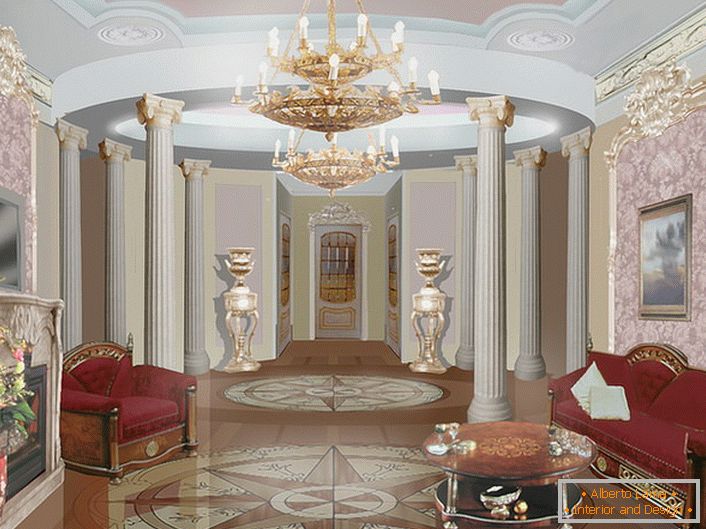 Mobilă masivă din lemn masivă, cu tapițerie luxuriantă și o masă de cafea mică în tonă - cameră de oaspeți mobilată în stil baroc.