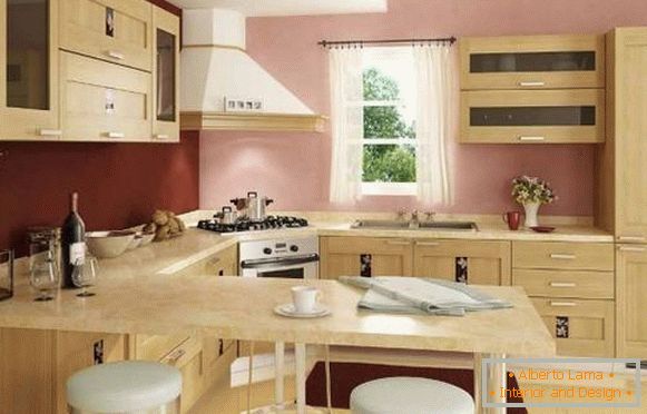 Interiorul bucătăriei colțului cu un contor de bar - o fotografie în tonuri de bej și roz