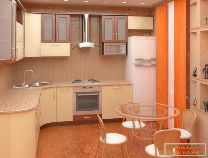 Plasarea mobilierului ergonomic în bucătărie 11 mp metri. Totul este suficient în mod moderat, dimensiunile căștii sunt proporționale cu dimensiunea camerei.