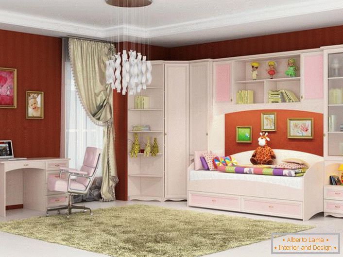 O cameră elegantă pentru o tânără fashionistă. Mobilierul modular pentru copii este realizat în culori roz și alb - ceea ce aveți nevoie pentru o fată.