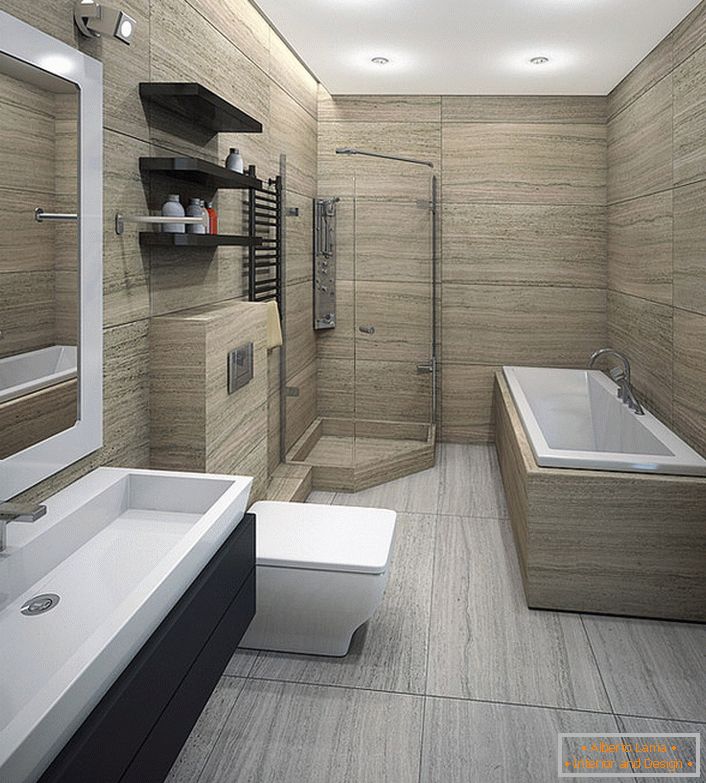 O baie spațioasă minimalistă este potrivită pentru iubitorii de duș și pentru cei care preferă scăldatul.
