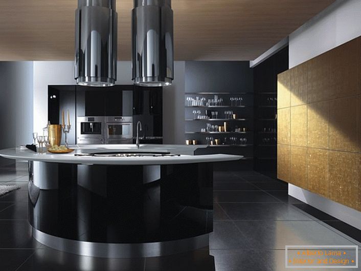 Un exemplu de bucătărie spațio-futuristă în stilul de înaltă tehnologie. Cheia la început și a zburat.
