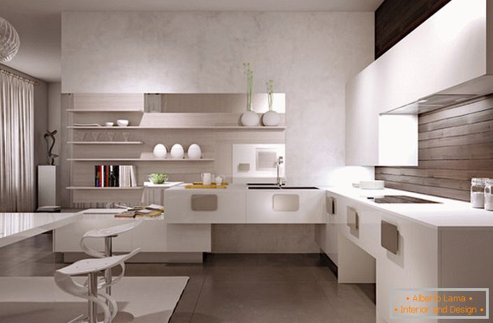 Soluție neobișnuită de culoare a interiorului bucătăriei-cubism în designul cartonului.