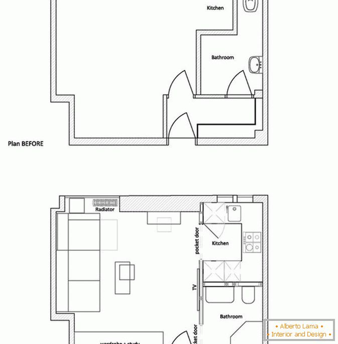 Planul unui apartament mic înainte și după reparații