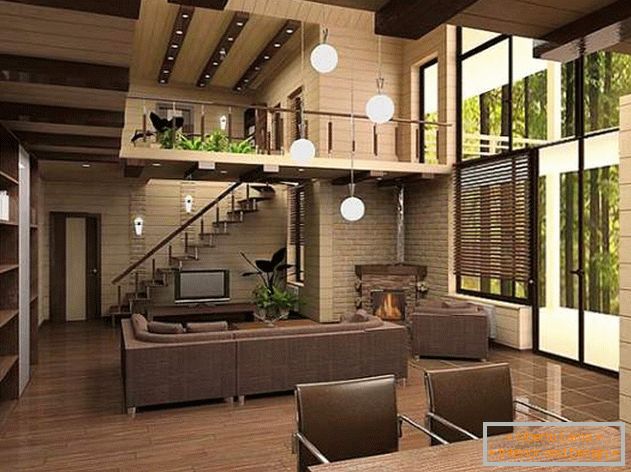 Designul interior al casei de lemn dintr-un bar - fotografie din interior