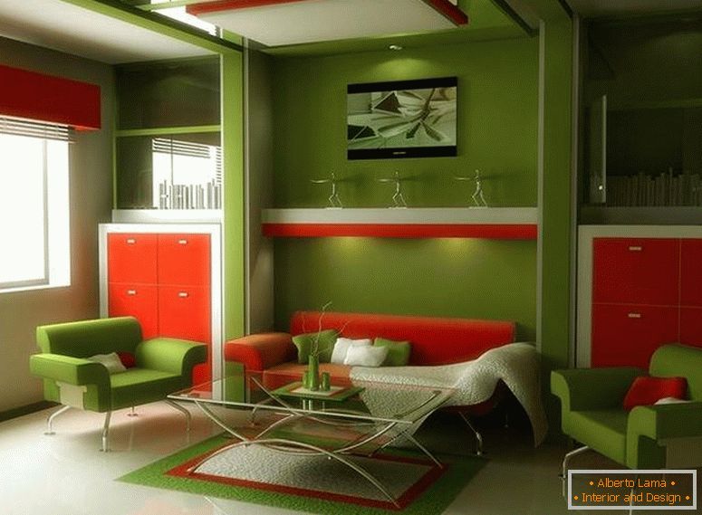 Interiorul verde cu mobilier portocaliu