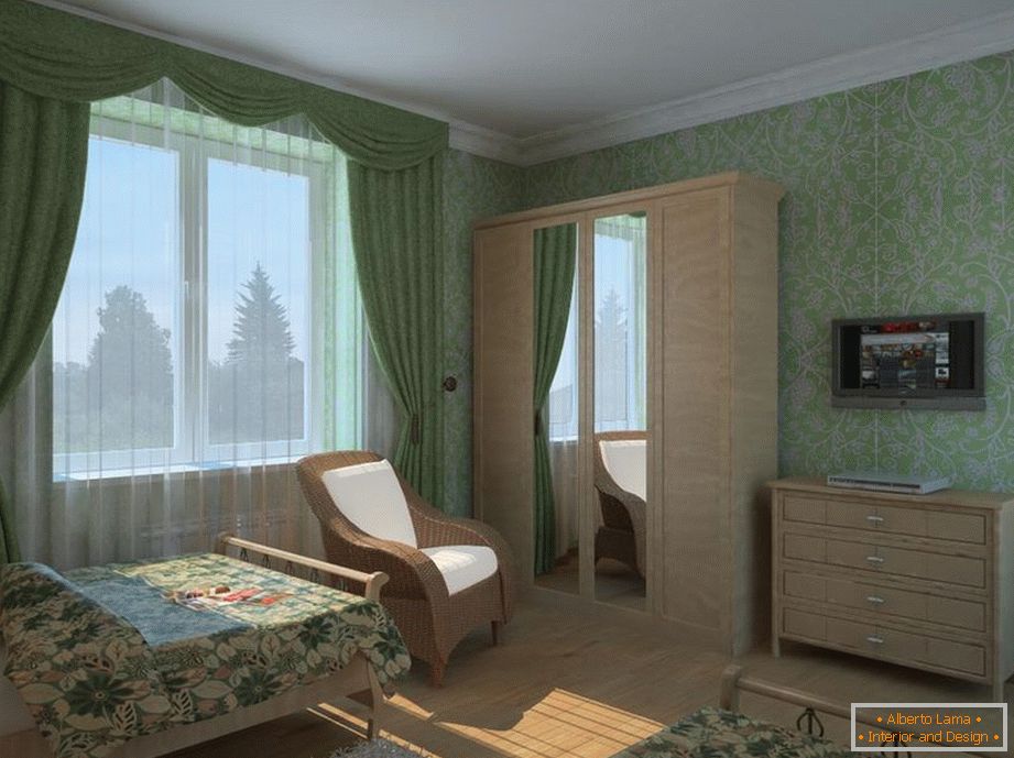 Dormitorul с зелеными обоями