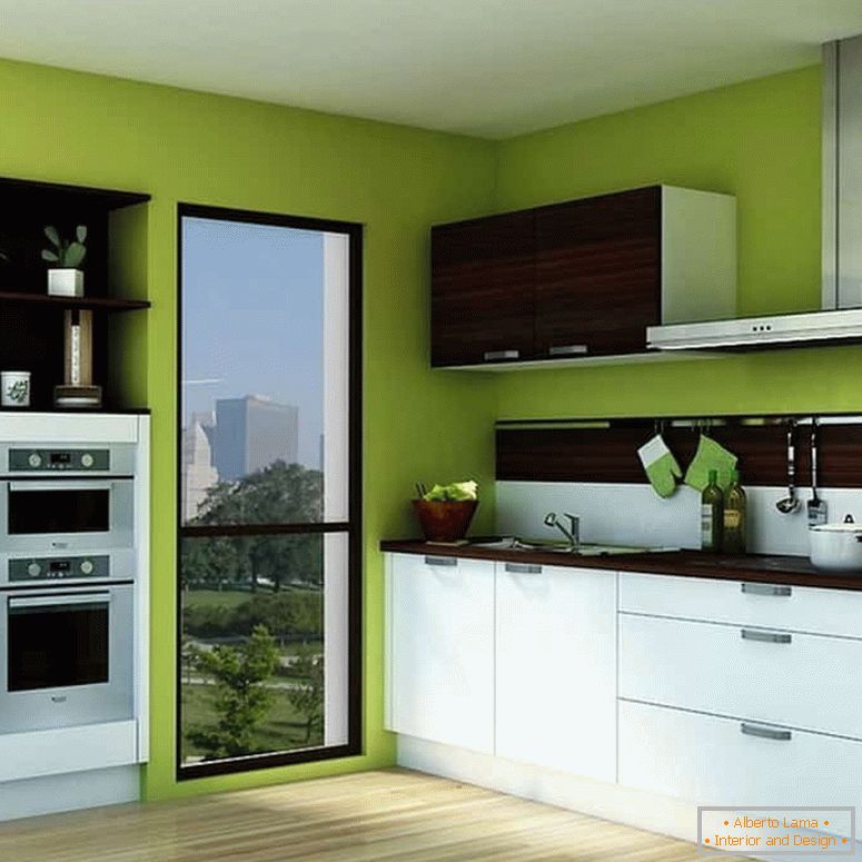 Culoarea verde a pereților și bucătăria albă