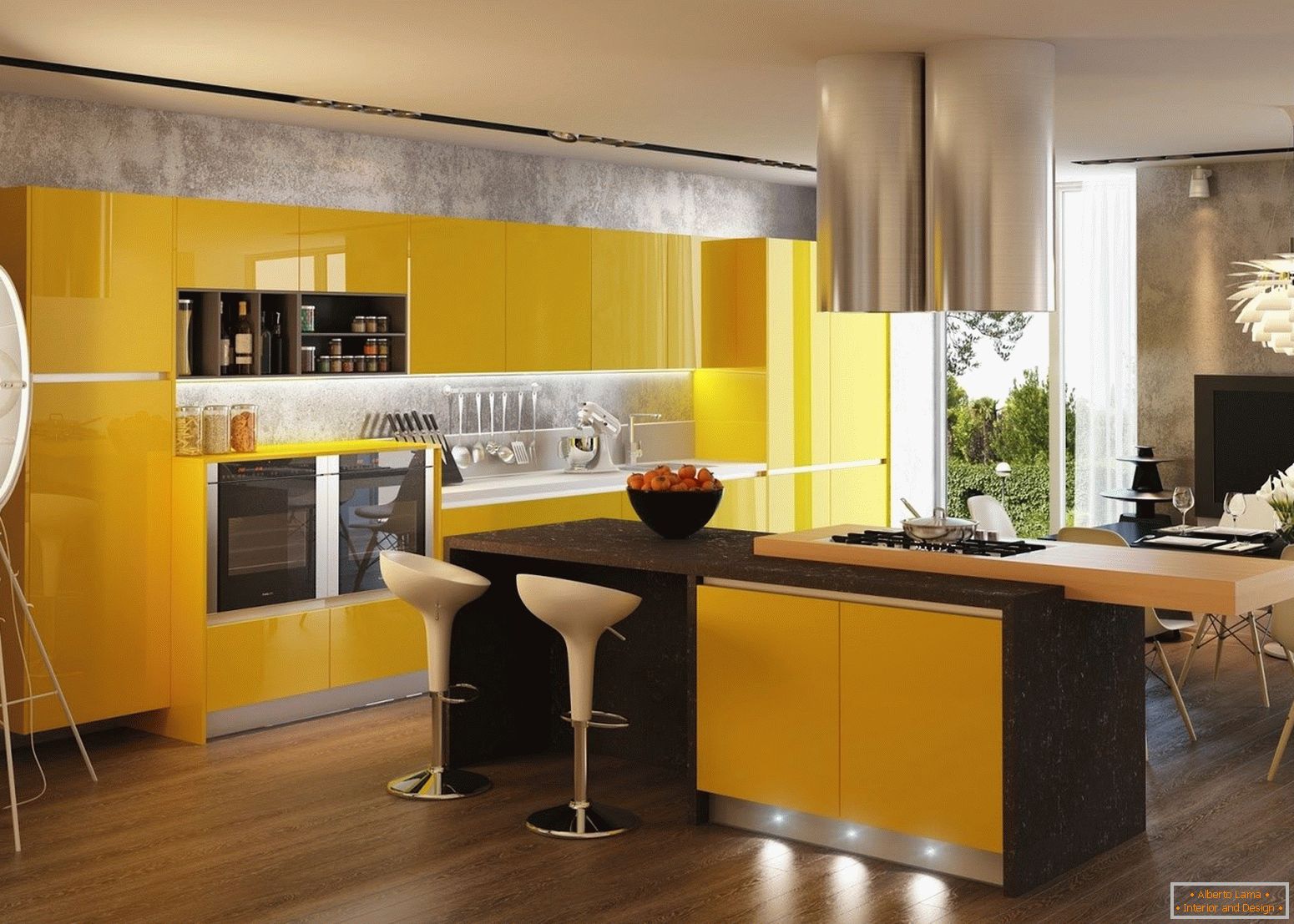 Interior cu bucătărie galbenă