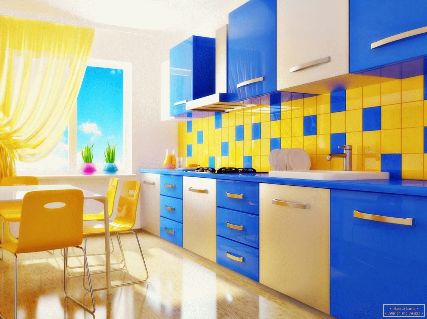 Bucătărie albastră și galbenă