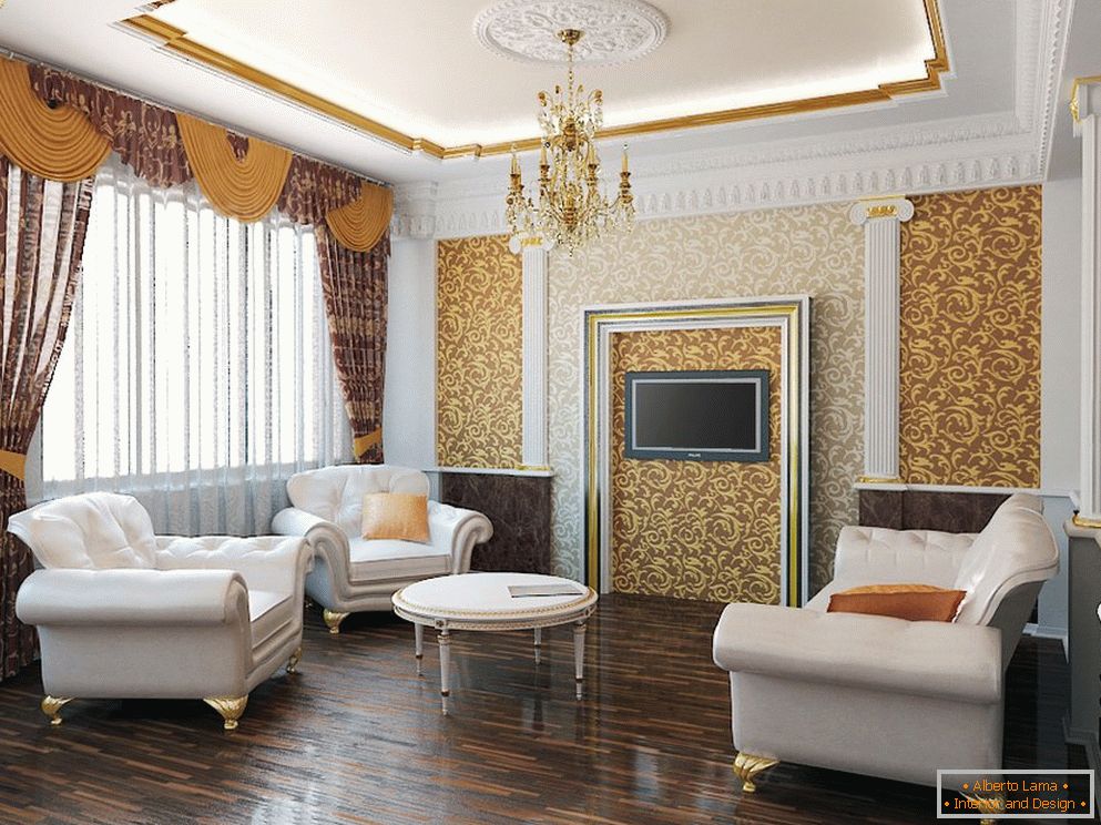Nuanțe de aur și alb în interiorul camerei de zi