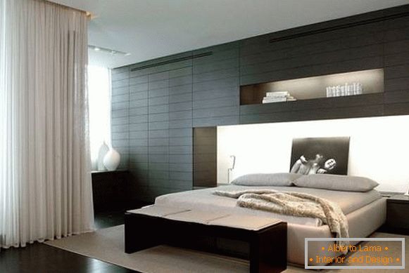 Design de dormitor într-un stil modern cu elemente negre