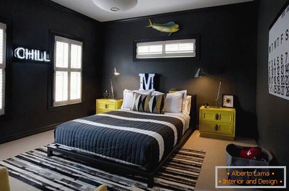 Tapet negru pentru un dormitor într-un stil modern