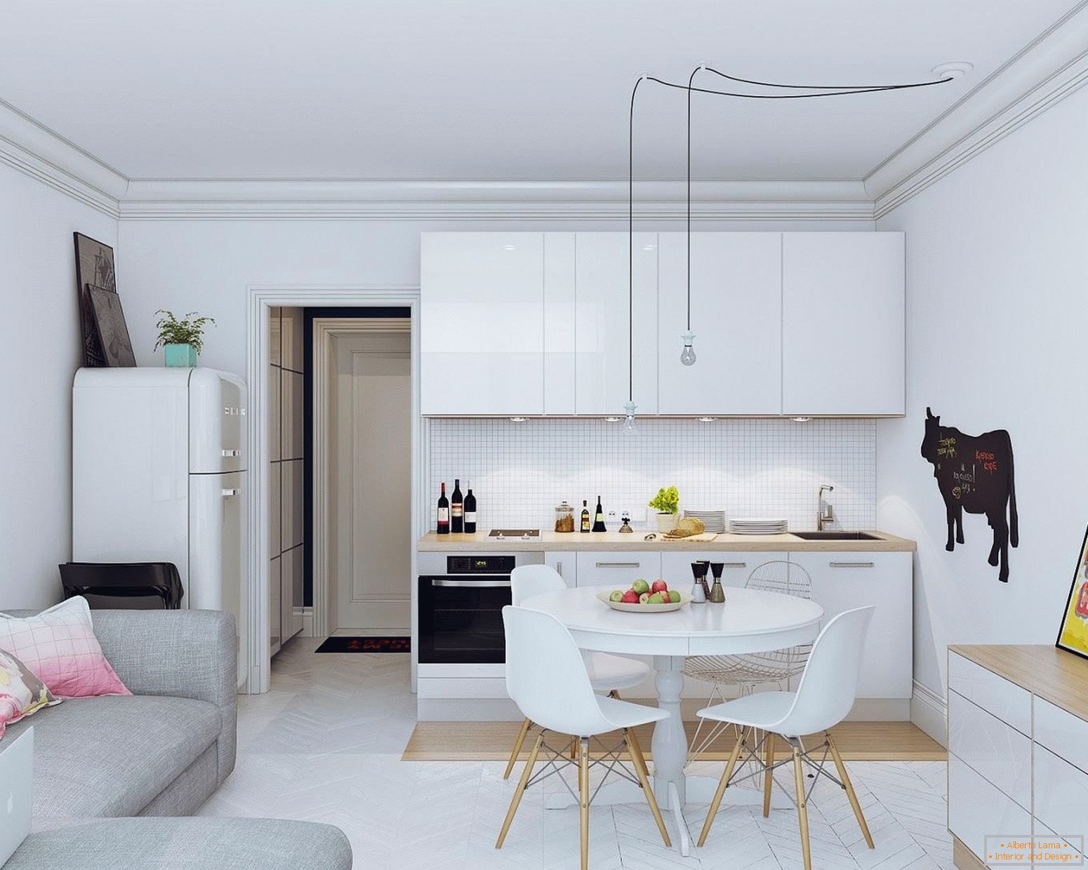 Cameră modernă cu bucătărie în execuție luminoasă
