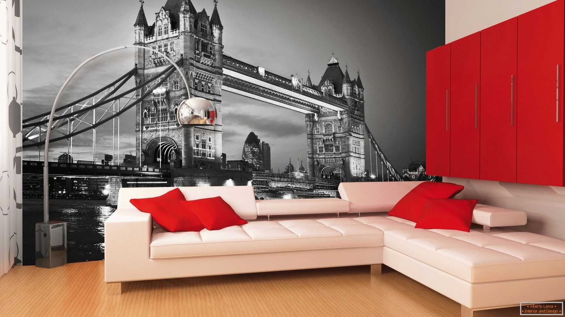 Wallpaper 3D cu un peisaj din Londra în camera de zi