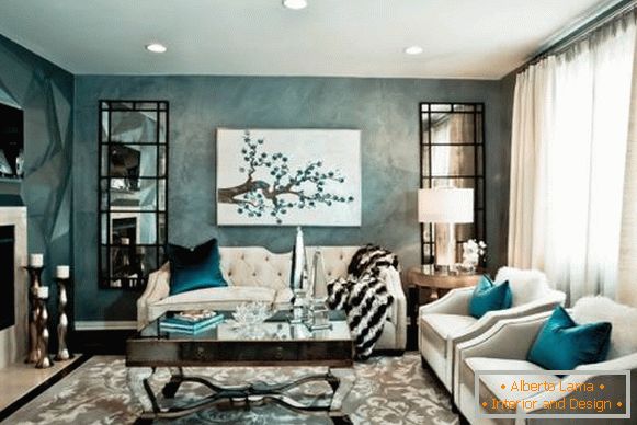Cameră elegantă de design cu mobilier alb - fotografie cu albastru